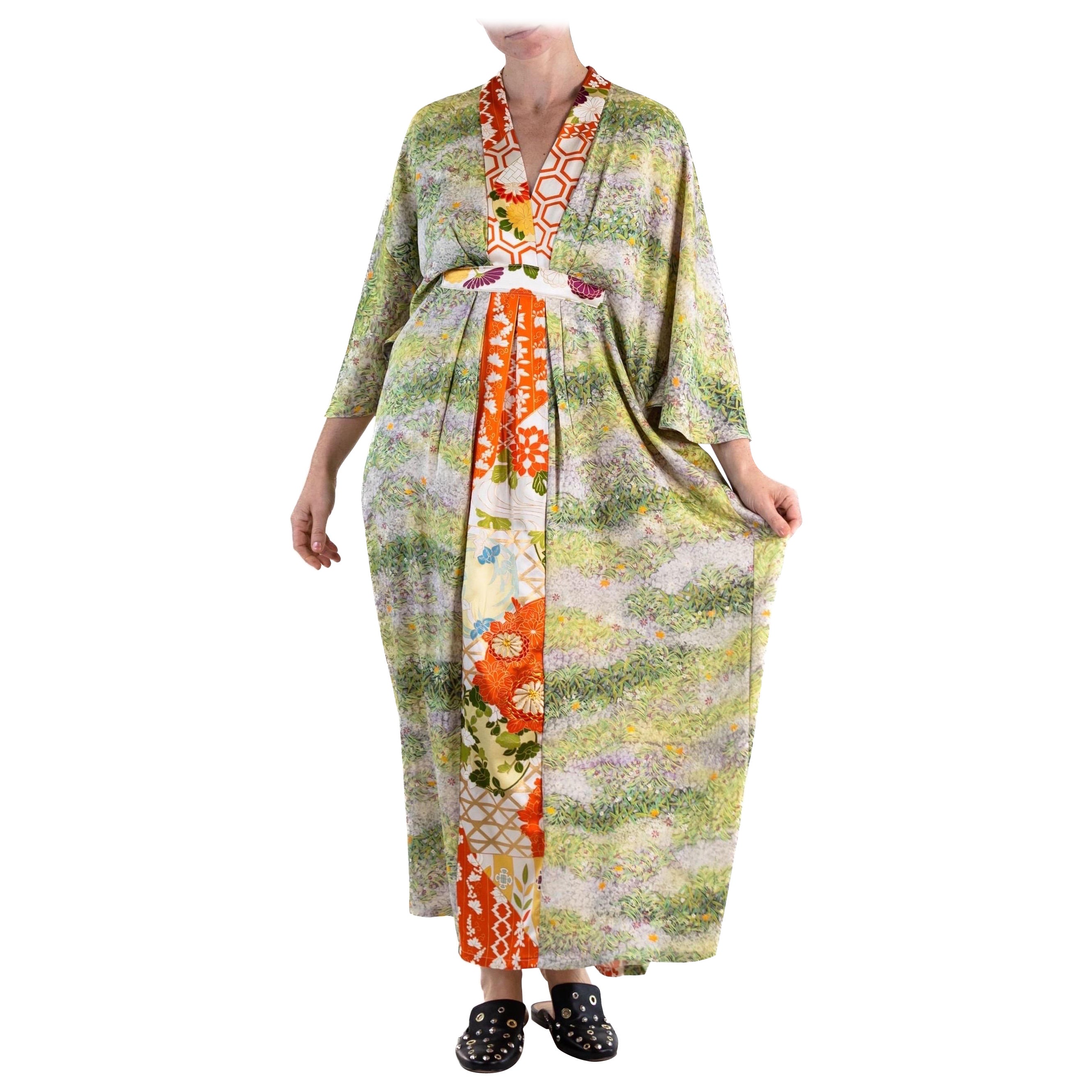 MORPHEW COLLECTION Grass Green Orange Japanese Kimono Silk Kaftan For Sale