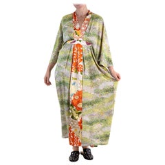 MORPHEW COLLECTION Grasgrüner, orangefarbener, japanischer Kimono-Seiden Kaftan