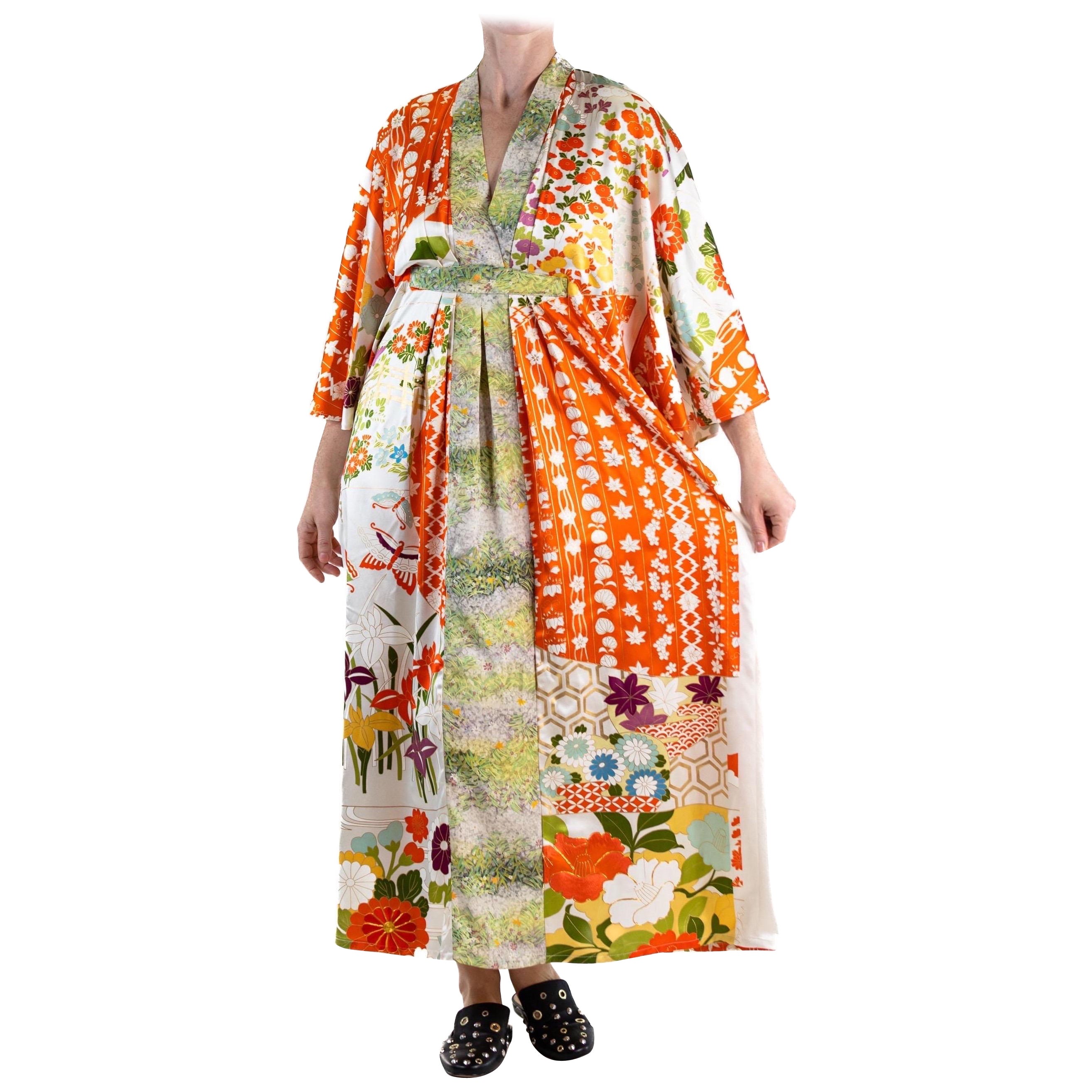 MORPHEW COLLECTION Green & Orange Japanese Kimono Silk Kaftan For Sale