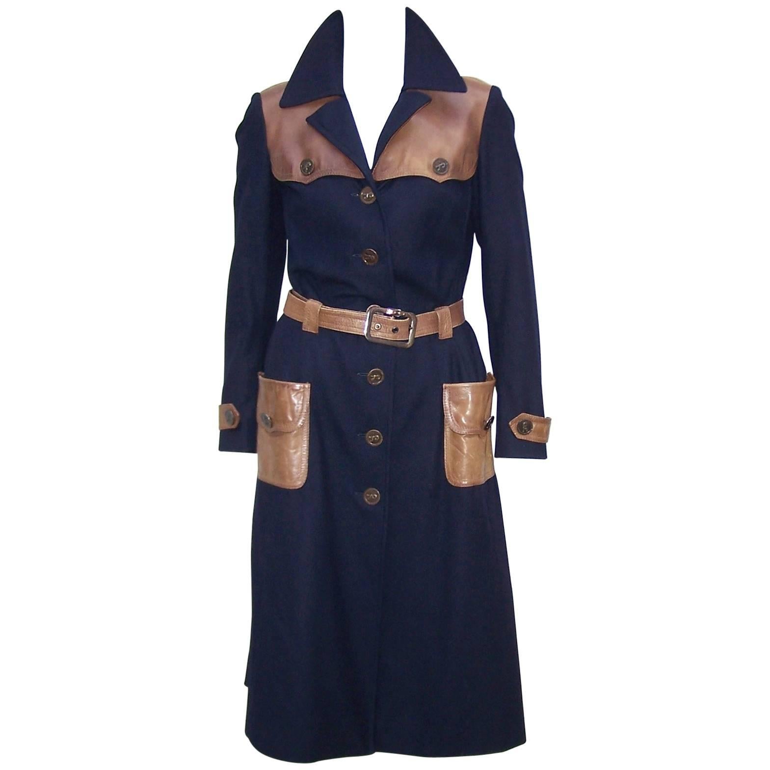 1970's Roberta Di Camerino Navy Blue Wool Trench Coat With Leather Details