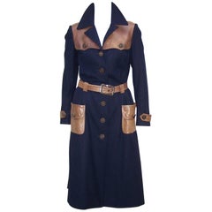1970's Roberta Di Camerino Navy Blue Wool Trench Coat With Leather Details