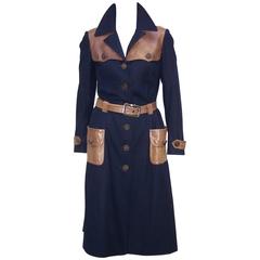 1970's Roberta Di Camerino Navy Blue Wool Trench Coat With Leather Details 10