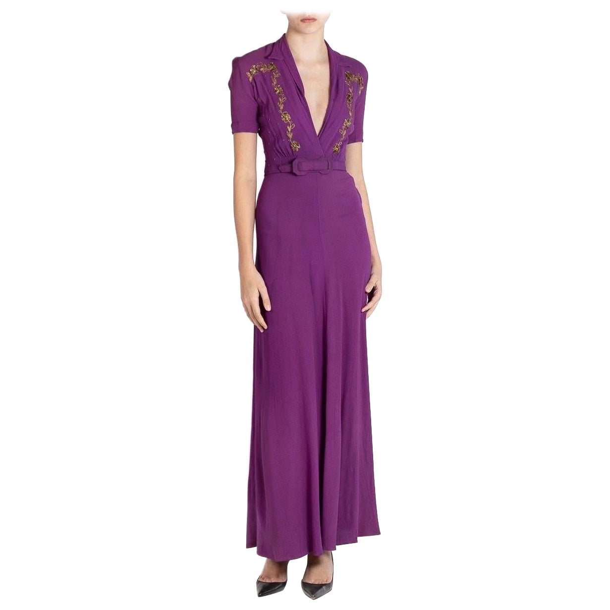 1930S Purple Rayon Crepe Dress With Belt & Gold Sequin Embellishment For Sale