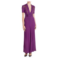 1930S Purple Rayon Crepe Dress With Belt & Gold Sequin Embellishment