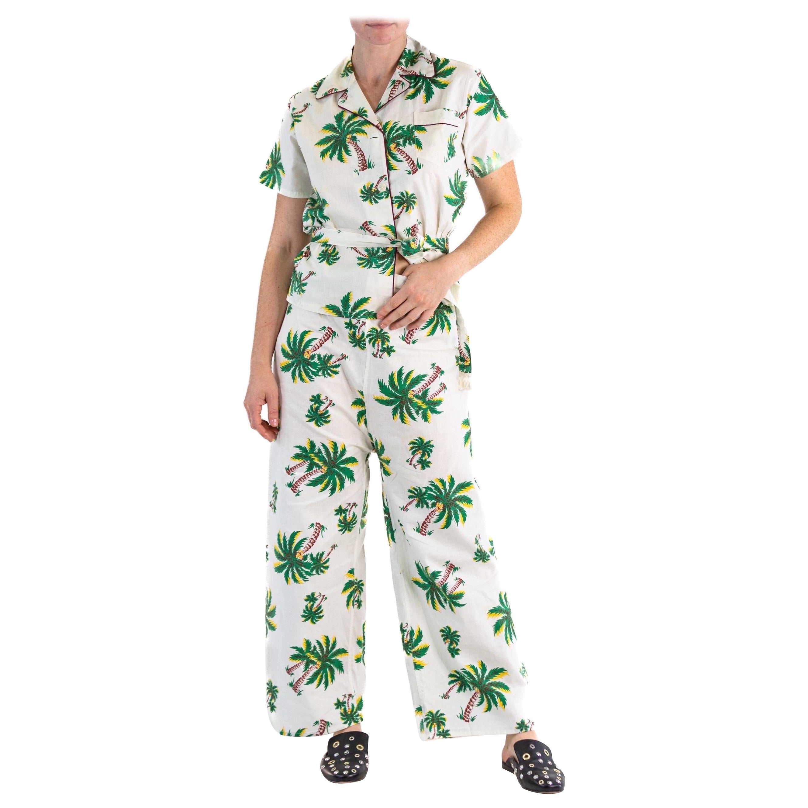 1940S CAROL BRENT White Deadstock Cotton Palm Tree Pajamas With Tassel Belt For Sale