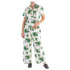 1940S CAROL BRENT White Deadstock Cotton Palm Tree Pajamas With Tassel Belt