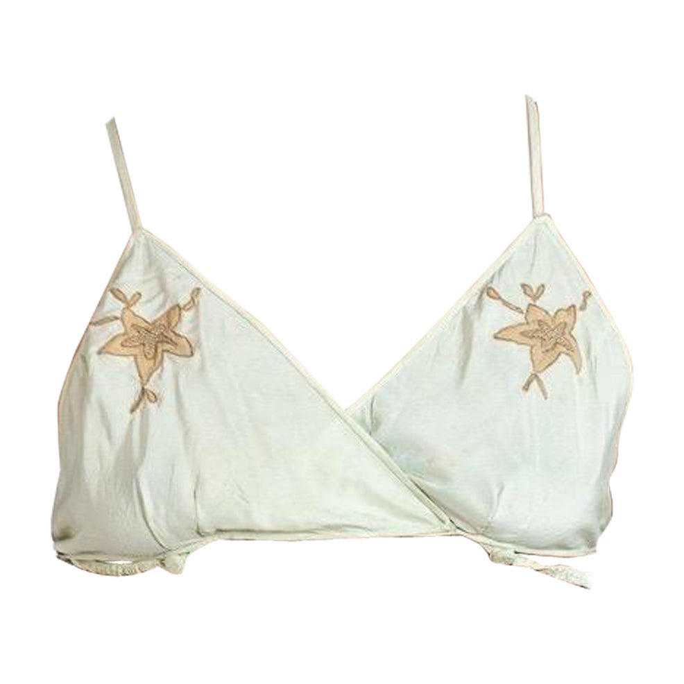 1930S Off White With Brown Embroidered Flowers Silk Bra For Sale