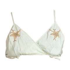 Vintage 1930S Off White With Brown Embroidered Flowers Silk Bra
