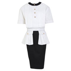 Chanel 80s vintage large shoulder pads black & white cotton signed buttons dress
