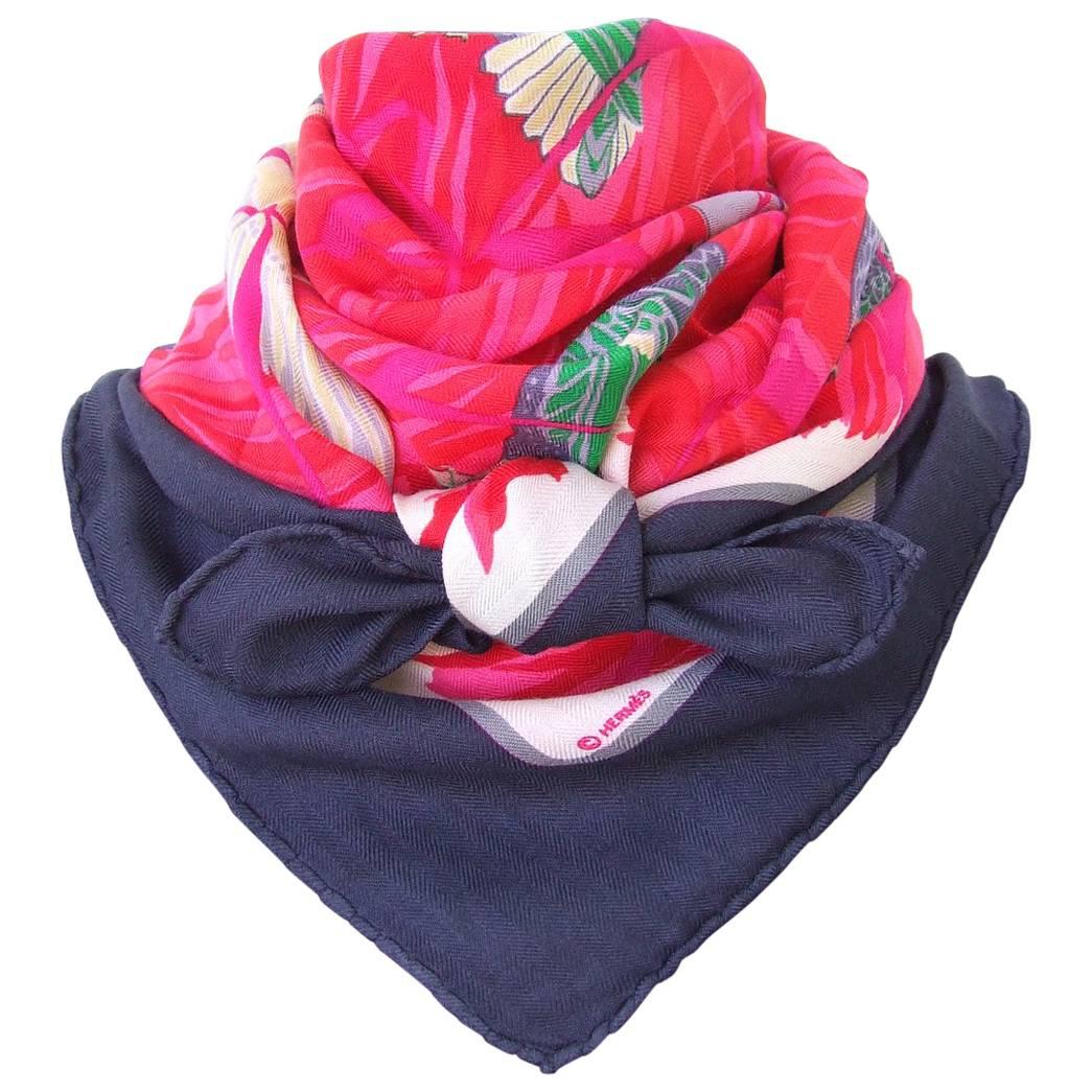 Hermes Scarf Shawl Cashmere and Silk Cols Verts Ducks Red 90 cm