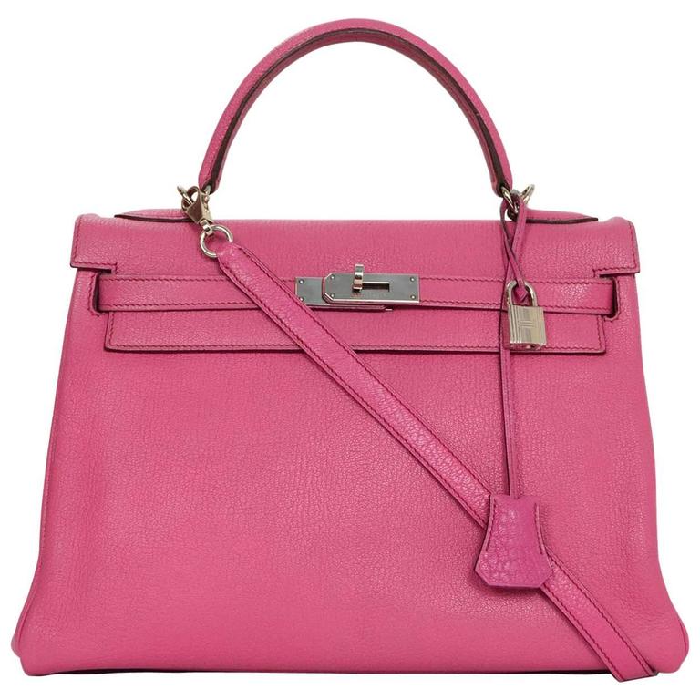 Hermes RARE Hot Pink Rose Tyrien Chevre Leather 32cm Kelly Bag with ...