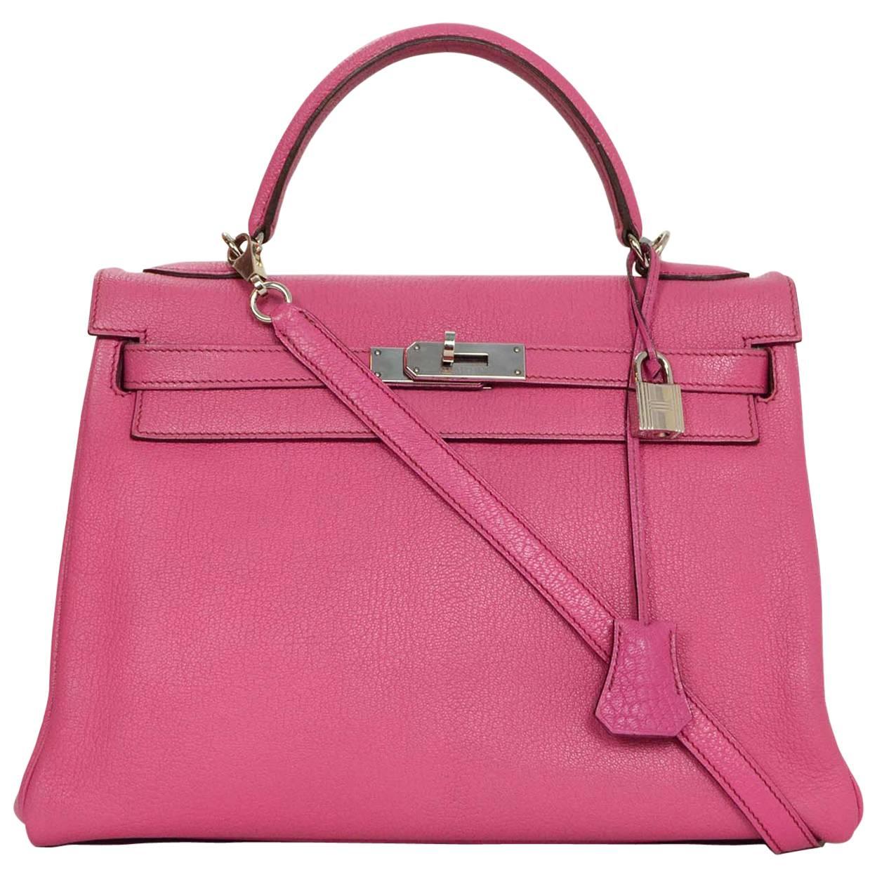 Hermes RARE Hot Pink Rose Tyrien Chevre Leather 32cm Kelly Bag with Strap PHW