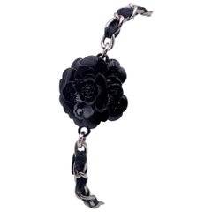 Chanel Silver Metal Chain Leather Bracelet Black Camellia