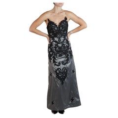 Vintage 1980S Black Metallic Rayon/Lurex Strapless Gown With Baroque Appliqués