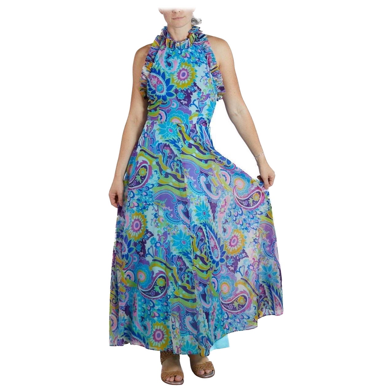 1970S Multicolor Psychedelic Chiffon Abstract Floral Maxi Dress For Sale