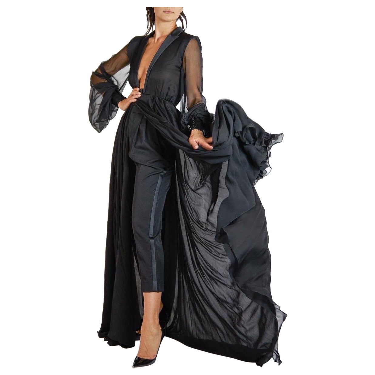 2000S SAINT LAURENT Black Silk Chiffon Tuxedo Lapel Trained Gown With Sleeves & For Sale