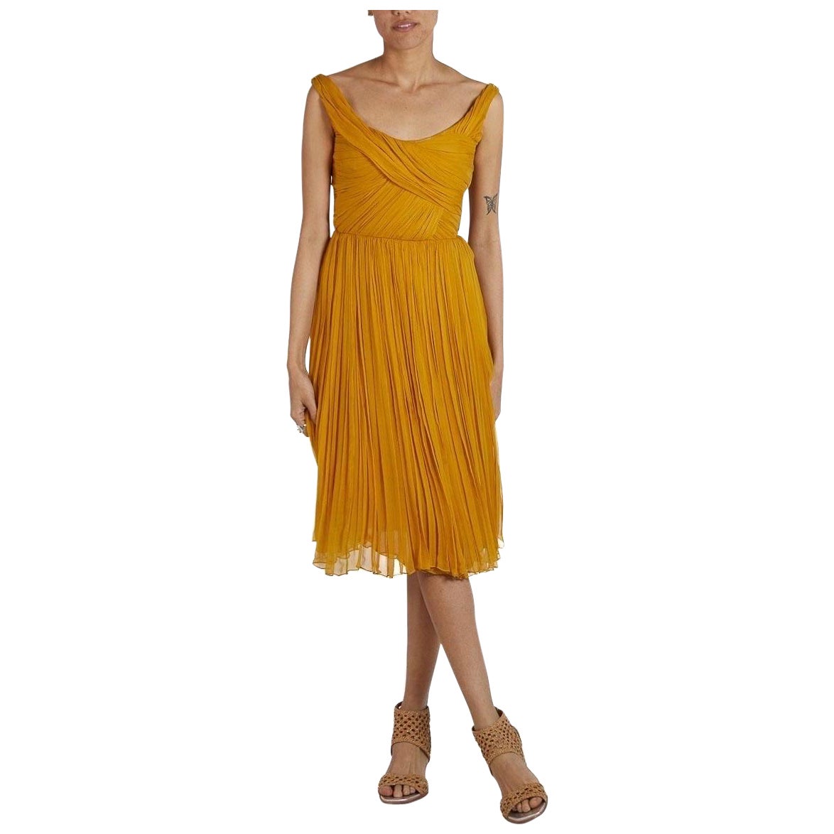 2000S CHLOE Golden Yellow Silk Chiffon Pleated 50S Style Dress For Sale