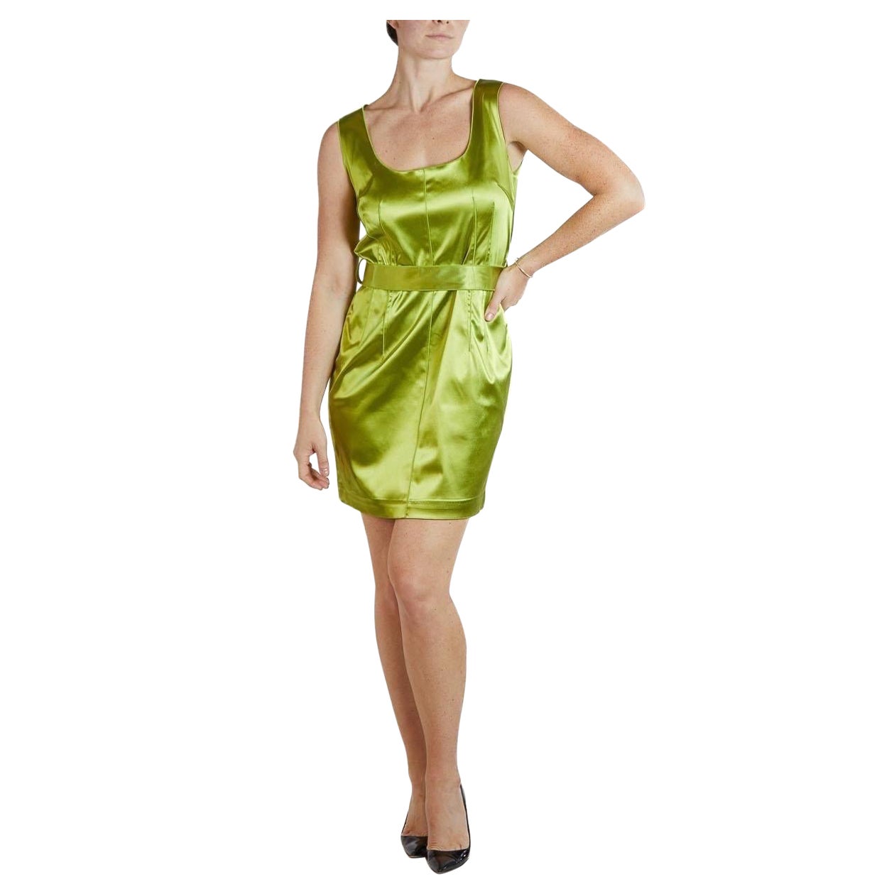 1990S DOLCE & GABBANA Acid Green Silk Lycra Stretch Satin Cocktail Dress For Sale