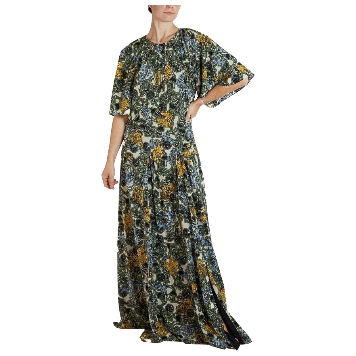2000S BURBERRY Green & Black Silk Crepe De Chine '40S Tropical Print Dress With For Sale