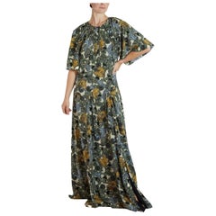 2000S BURBERRY Grünes & Schwarzes Seiden-Crepe De Chine '40S Tropical Print Kleid mit