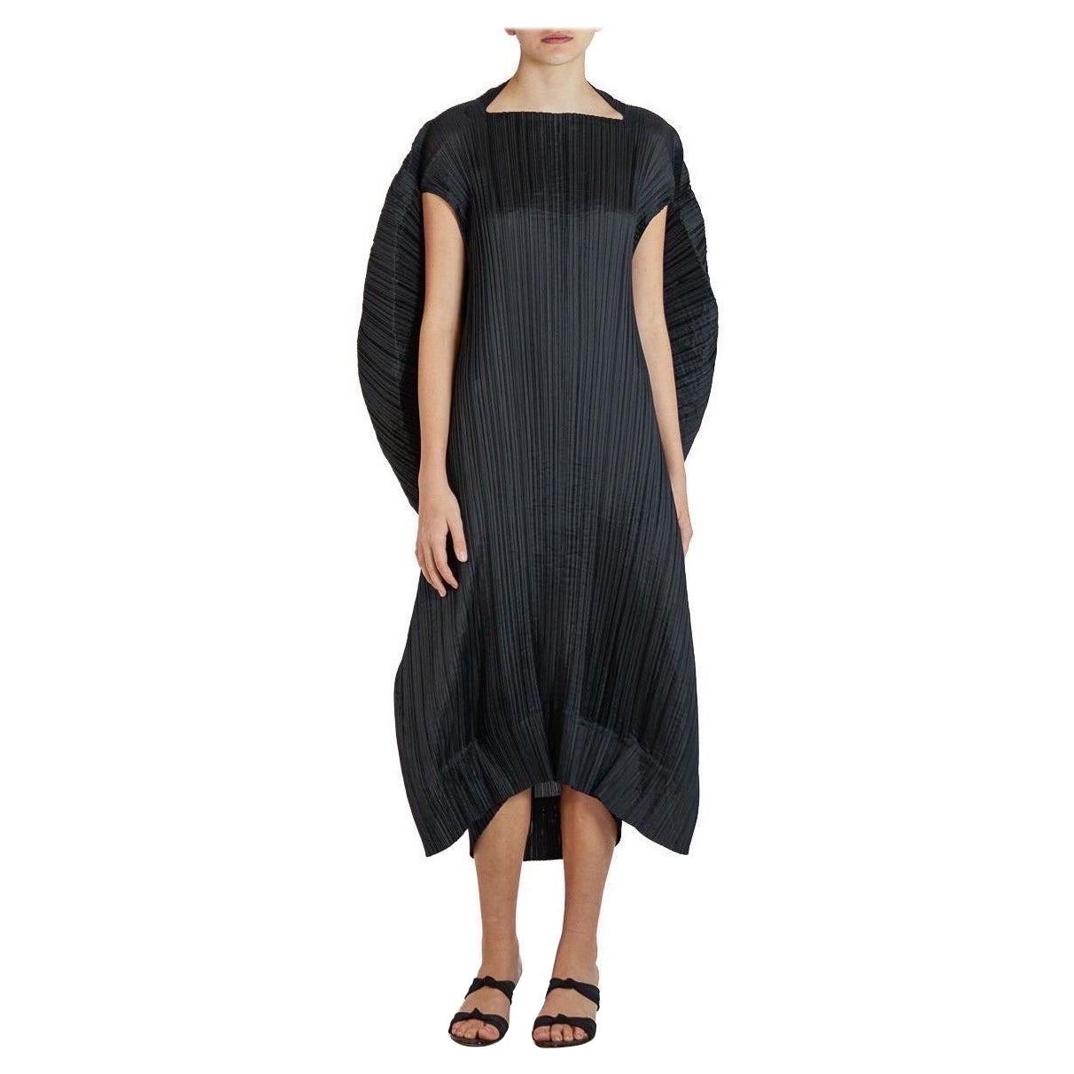 1990S ISSEY MIYAKE Black Polyester Pleated Sculptural Dress For Sale