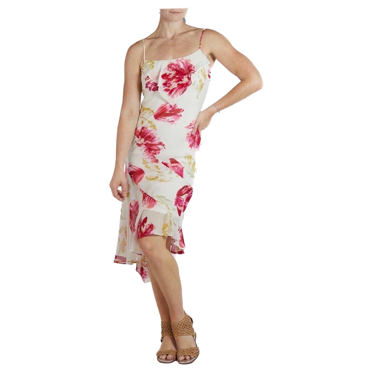 1990S White & Pink Bias Cut Silk Chiffon Floral Print Dress For Sale