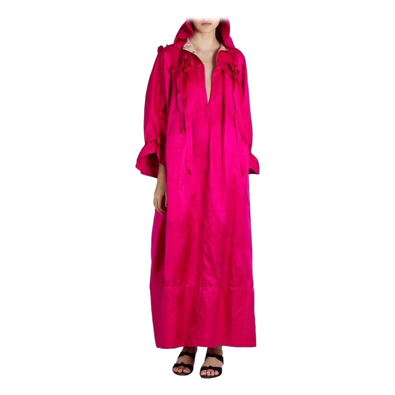 Victorian Hot Pink Silk & Cotton Sateen Hooded House Dress With Ribbons For Sale