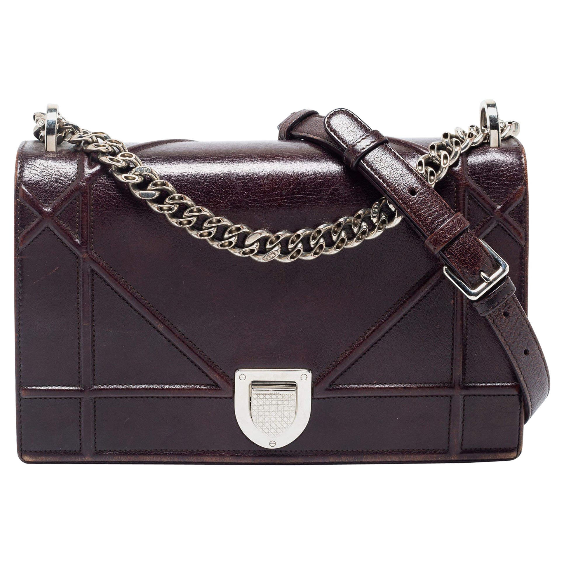 Dior Burgundy Leather Medium Diorama Flap Shoulder Bag