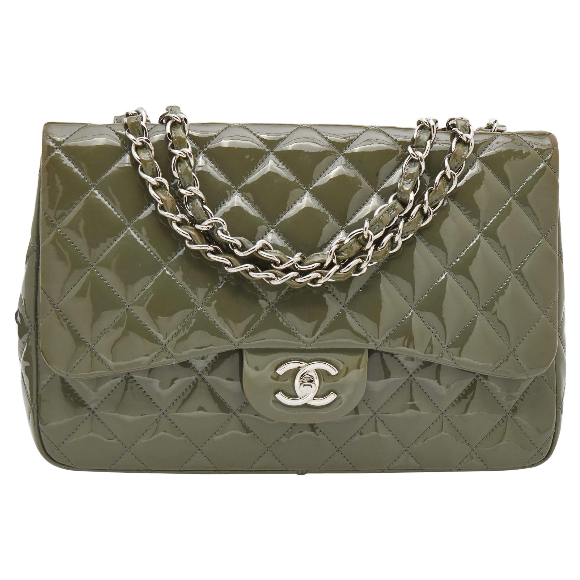 Chanel Olive Green Patent Leather Jumbo Classic Single Flap Bag