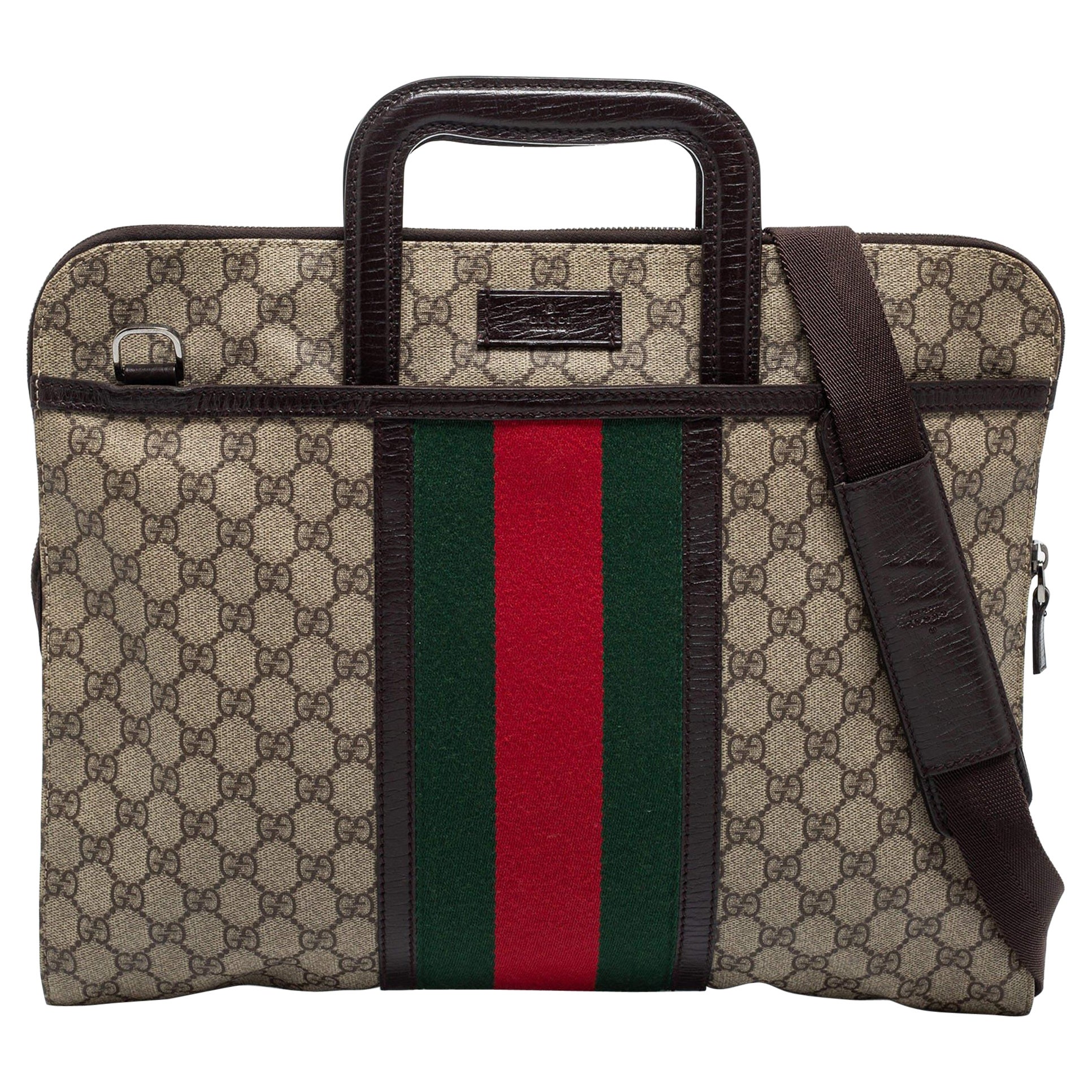 Gucci - Sac porte-documents « Supremes » en toile et cuir marron/beige avec logo GG