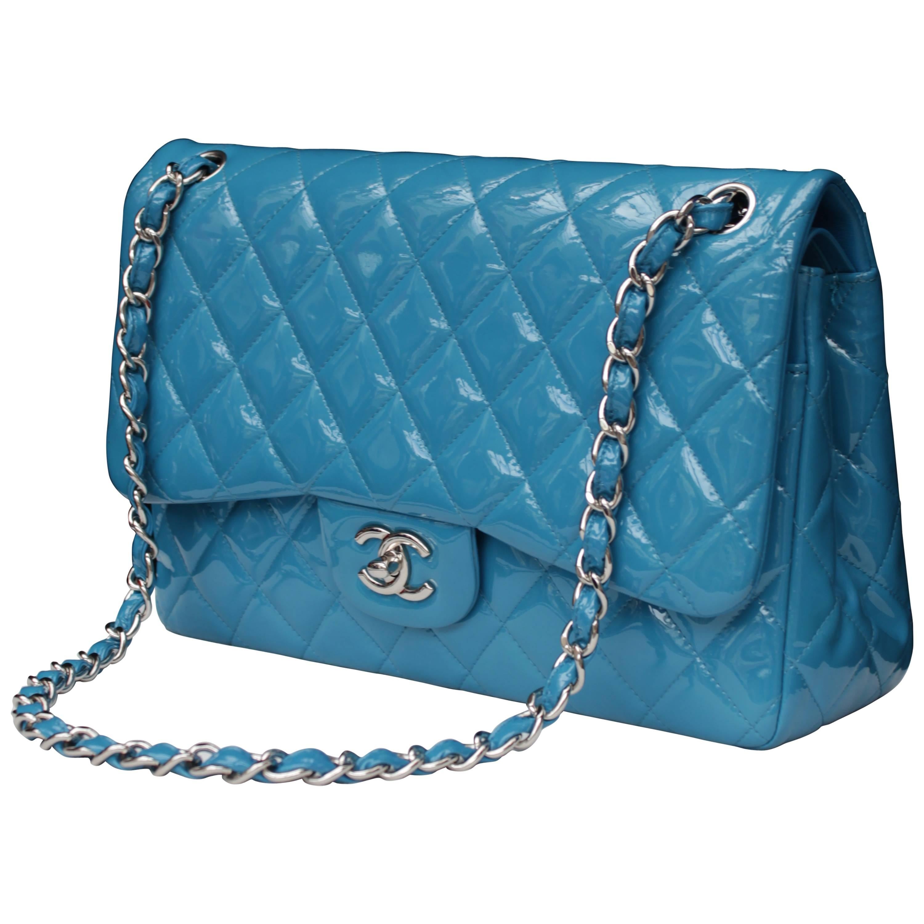 2000s Chanel Jumbo Timeless Bag in Patent Turquoise Leather and Silver Hardware