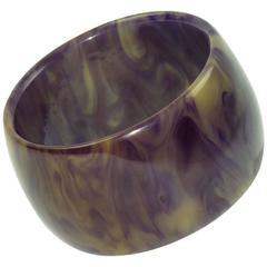 Bakelite Bracelet Bangle Rare Blue Ink & Custard Marble Oversized Wide Shape 12
