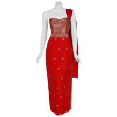 1950's Ruby-Red Metallic Indian Silk Strapless One-Shoulder Train Evening Gown