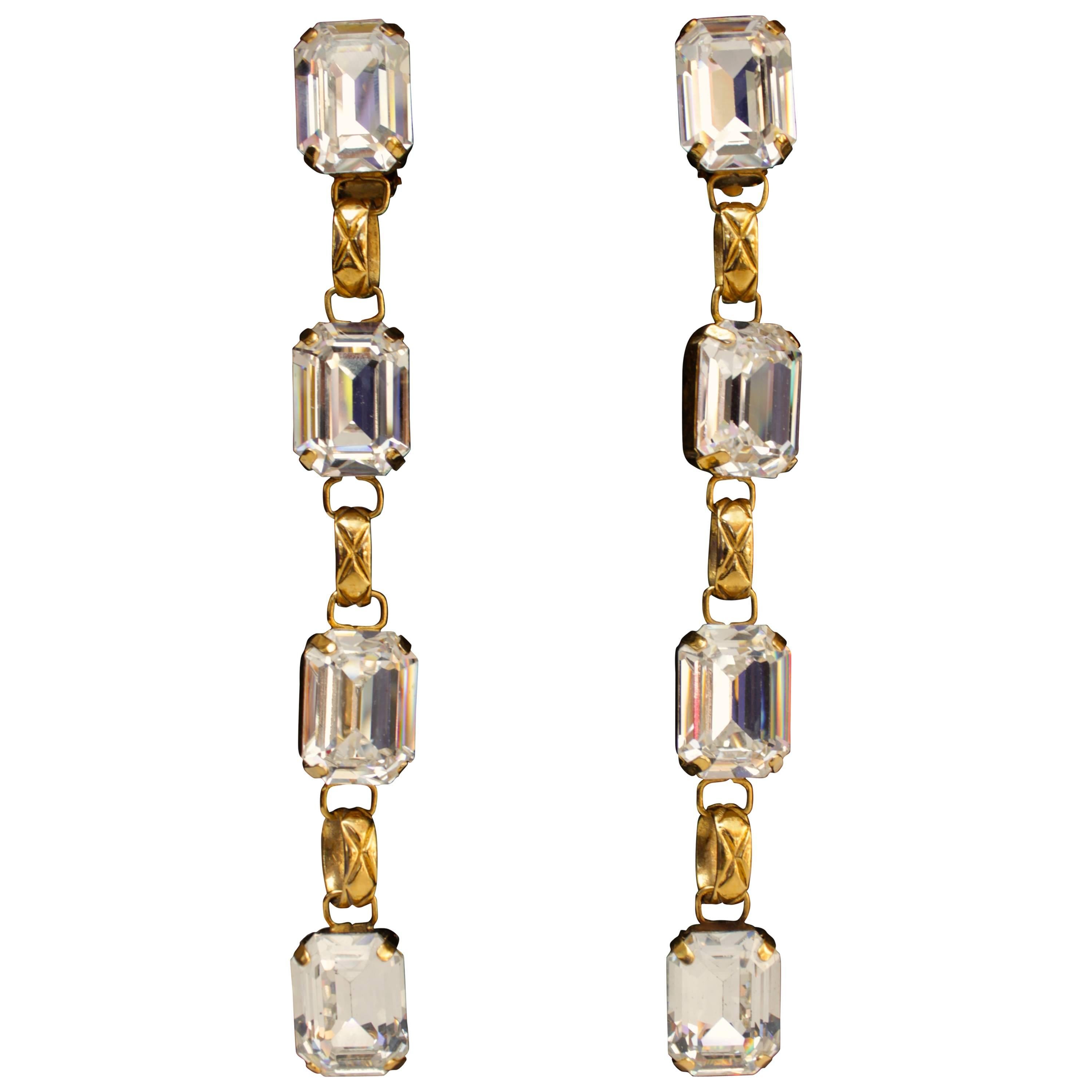 Early 1990s Chanel Pendant Clip on Earrings in Gilt and Crystals