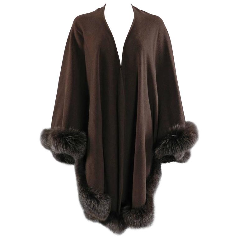 Givenchy Vintage Brown Wool Cape Shawl Wrap with Fox Fur Trim at 1stdibs