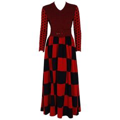 1971 Rudi Gernreich Red & Black Op-Art Checkered Wool Knit Belted Maxi Dress 6