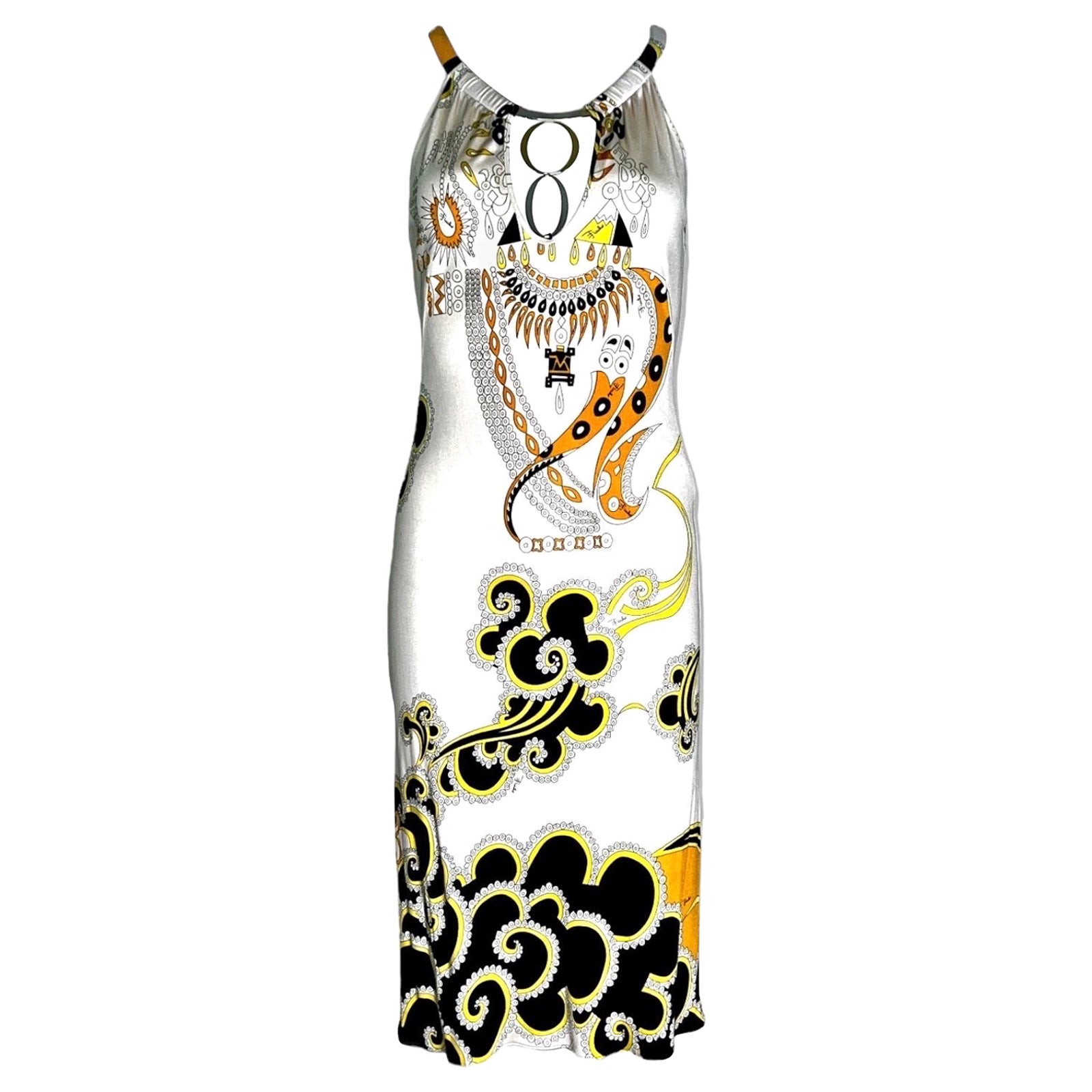 UNWORN Emilio Pucci Signature Print Cut Out Neck Dress 40 For Sale