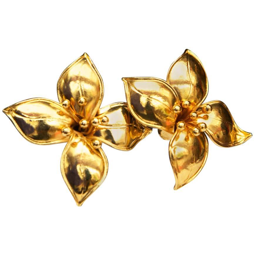 1990s Valentino Couture Gilt Flower Clip On Earrings