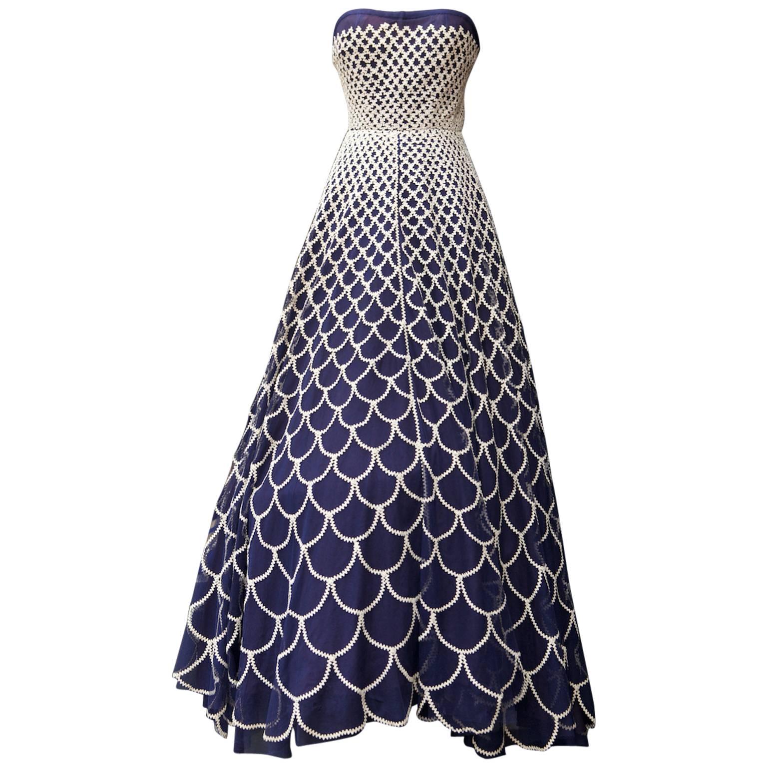 1950s Claire Mannerie Evening Gown in Blue Tulle and White Trims