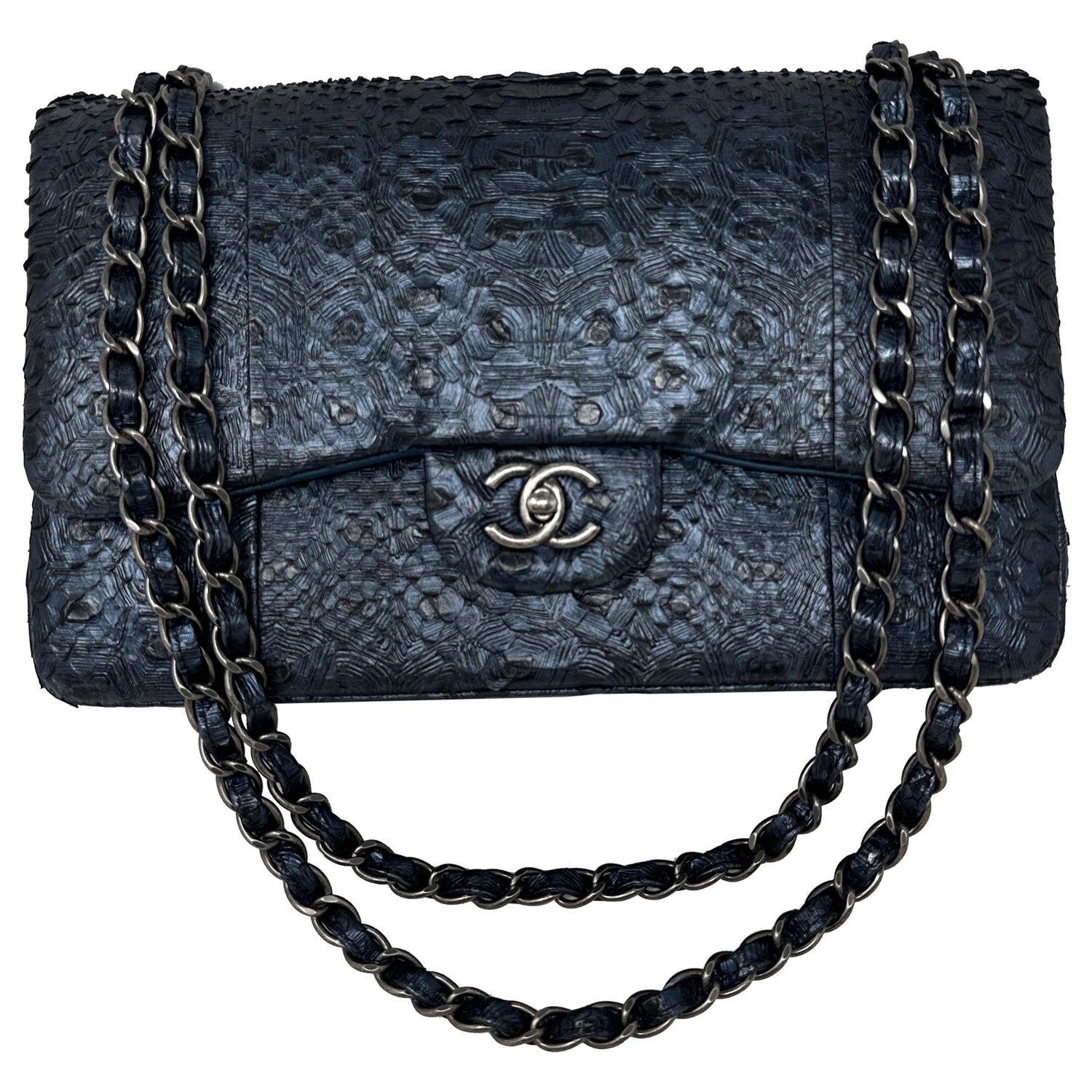 Timeless Chanel White Jumbo XL Python Twisted Flap Bag Blue