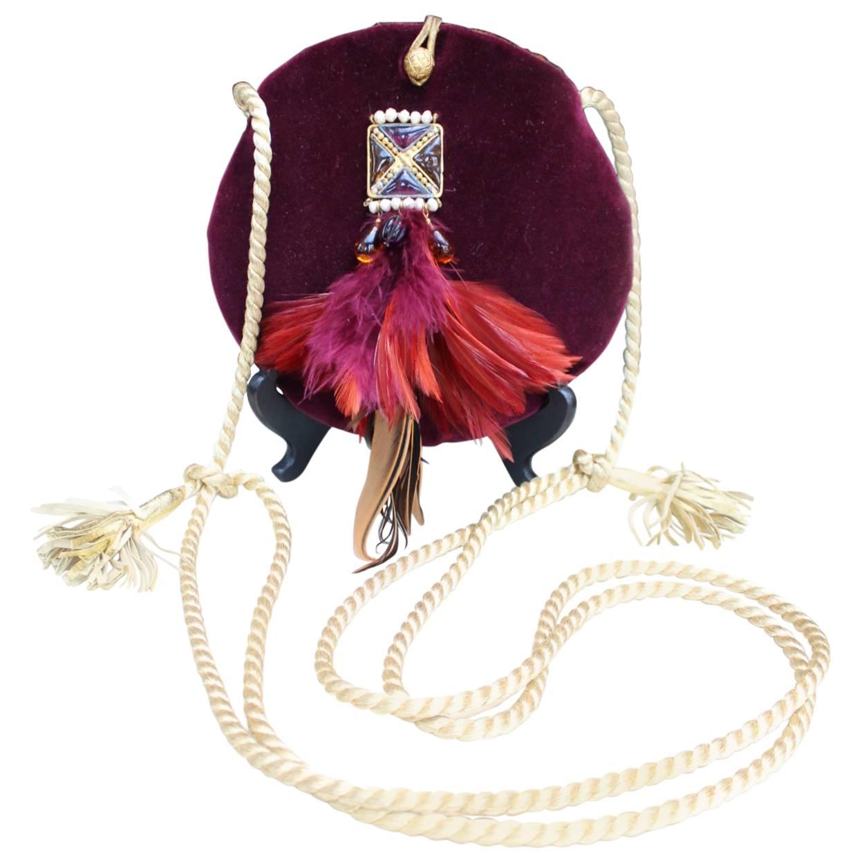 1980s Isabel Canovas Evening Bag in Burgundy Velvet, Glass and Feathers