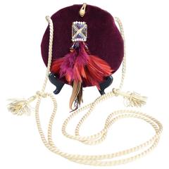 1980s Isabel Canovas Evening Bag in Burgundy Velvet, Glass and Feathers