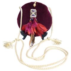 1980s Isabel Canovas Evening Bag in Burgundy Velvet, Glass and Feathers