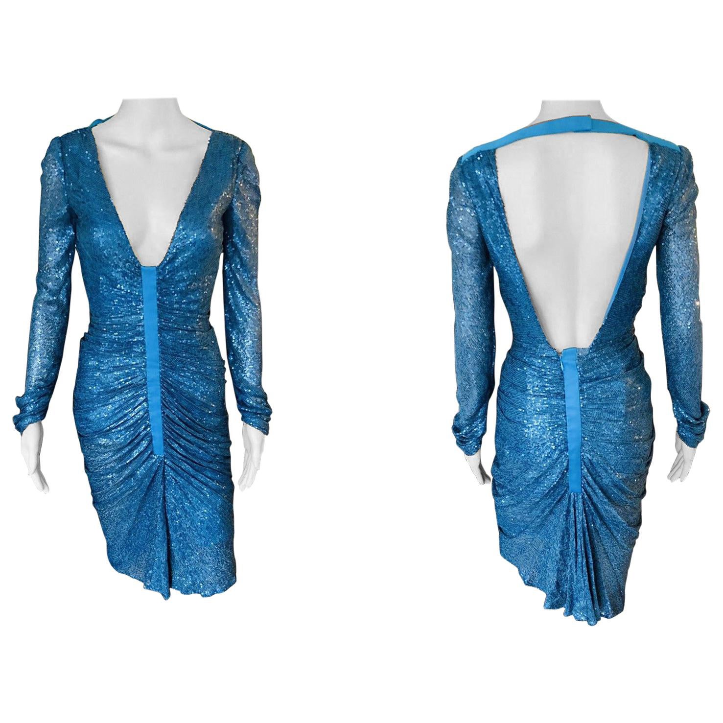 Gianni Versace S/S 2001 Runway Blue Sequin Embellished Cutout Back Dress Gown For Sale