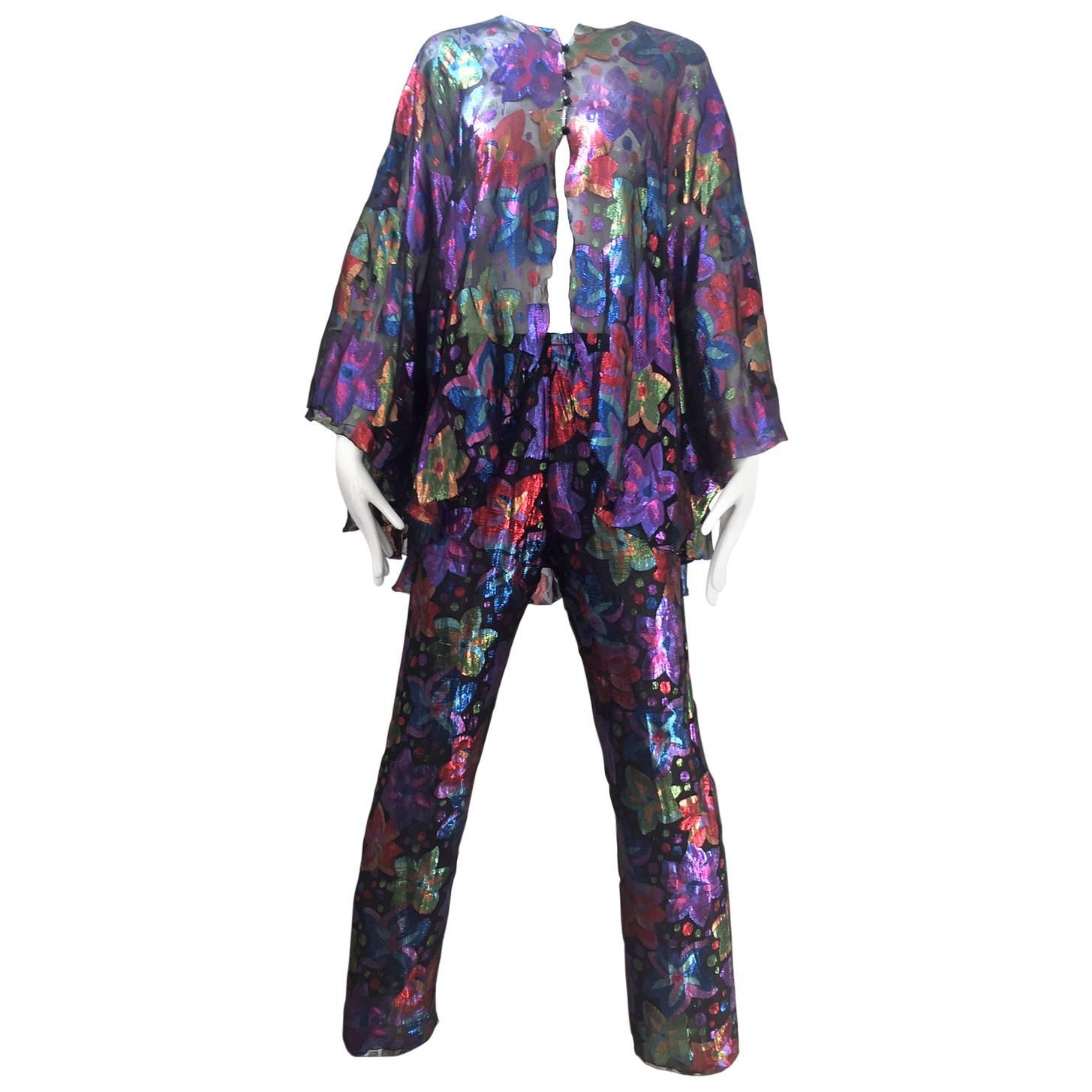 1970s Silk metallic print blouse and pants ensemble