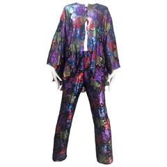 1970s Silk metallic print blouse and pants ensemble