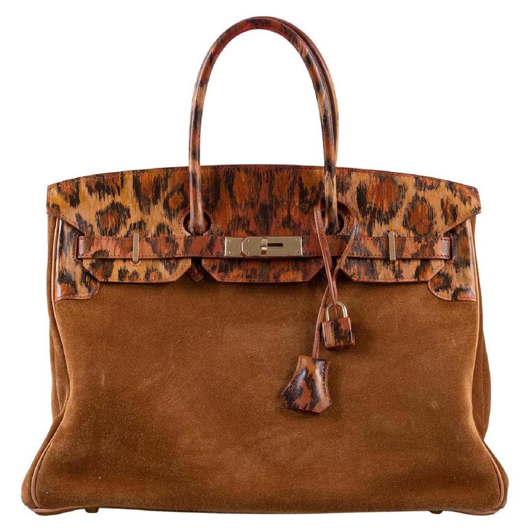 Vintage Hermès Birkin 35 Fauve Grizzly Suede & Painted Leopard Capucine Bag For Sale