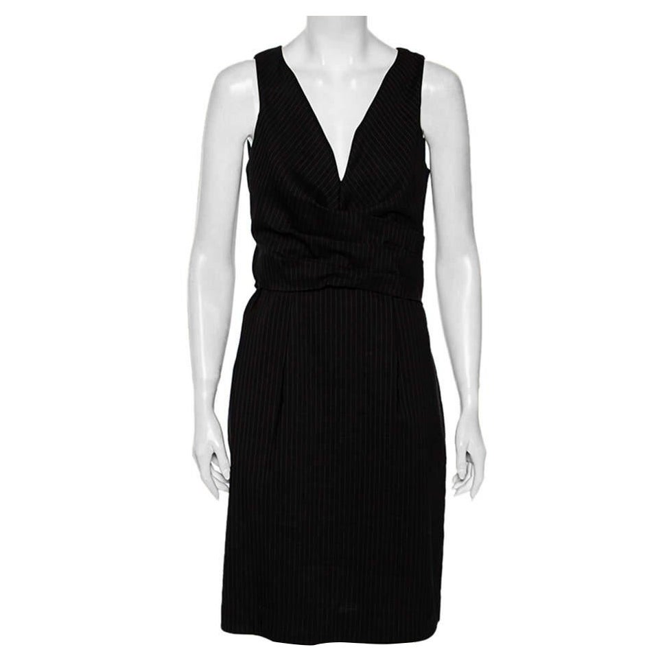 Gucci Black Striped Wool & Linen V-Neck Belted Dress M For Sale