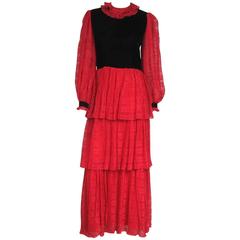 Vintage 1970s Givenchy Red & Black Tiered Gown 8