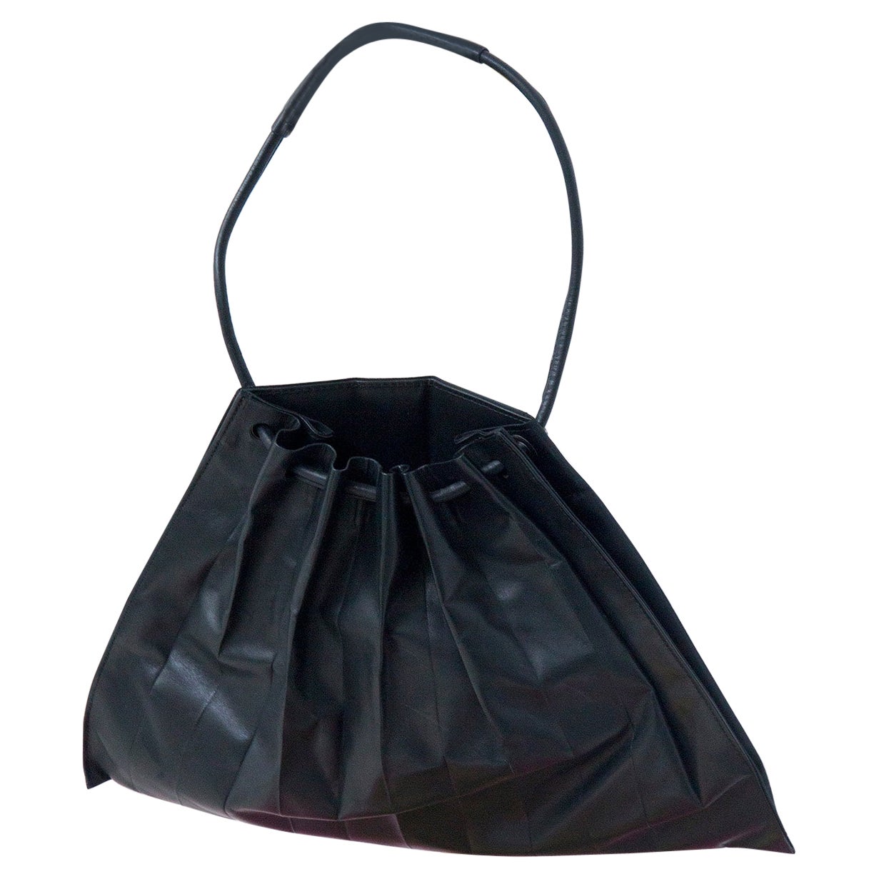 MIYAKE ISSEY Pleated Black Leather Bag For Sale